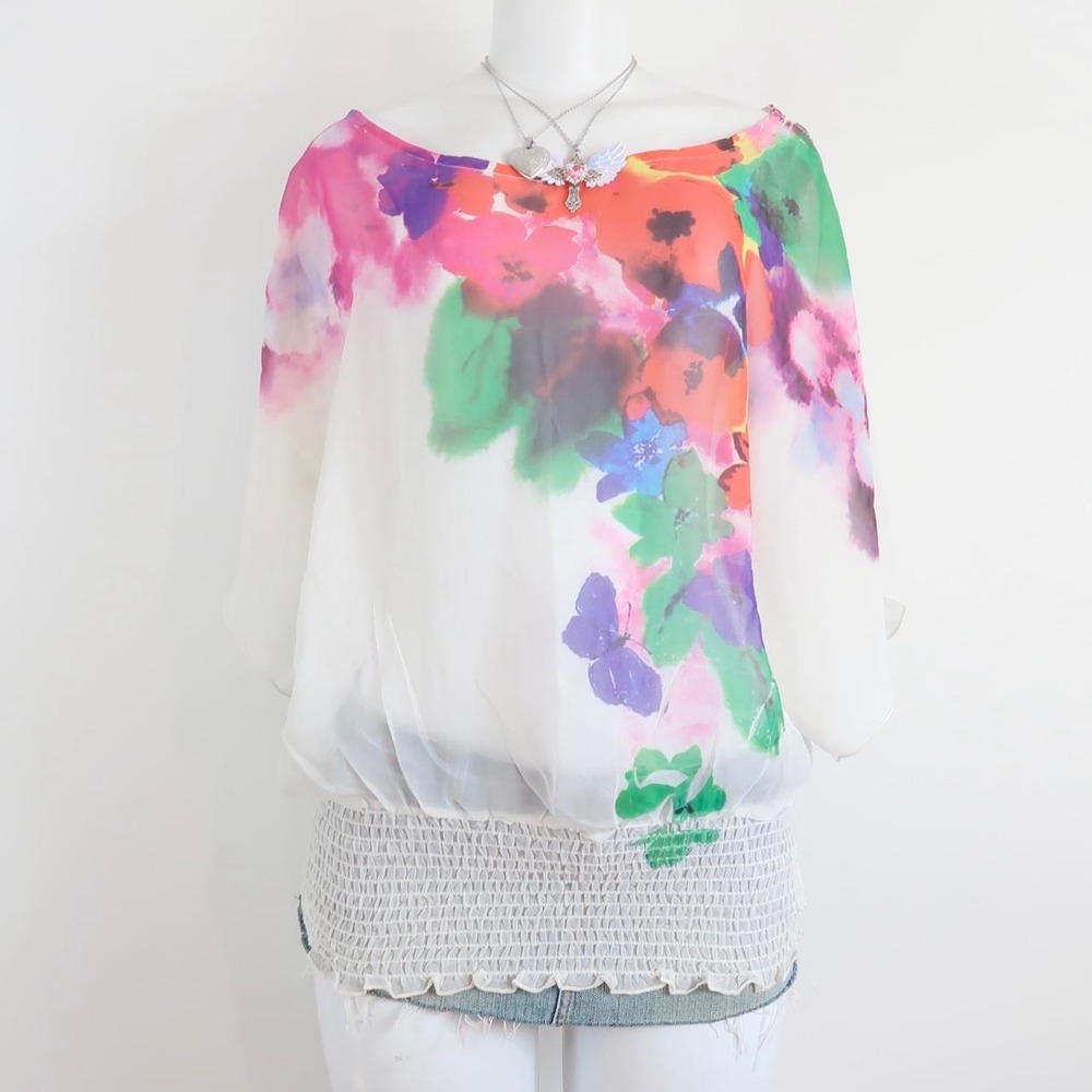 y2k colorful floral sheer blouse | 2000s